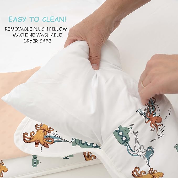 JumpOff Jo Extra Long Nap Mat for Kids - Cozy Kids Rest Mat with Removable Pillow and Ultra Soft Blanket for Preschool, Daycare, and Sleepovers - Octopus Treasure