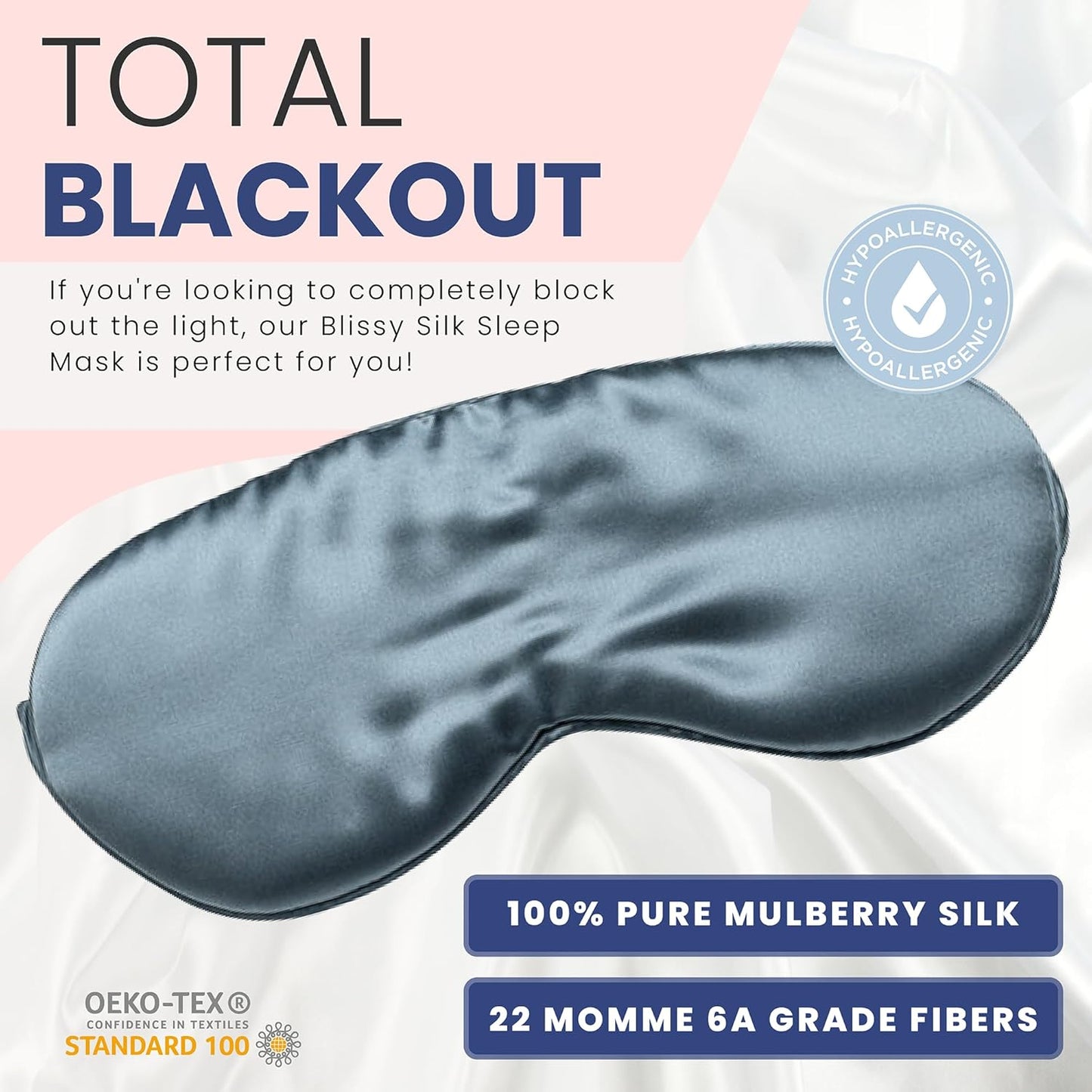 Blissy Silk Sleep Mask - Silk Eye Sleeping Mask for Women & Men for Total Blackout - 100% Pure Mulberry Silk, 22 Momme 6a Fibers - Blindfold Silk Sleep Mask Side Sleeper Eye Cover (Ash Blue)