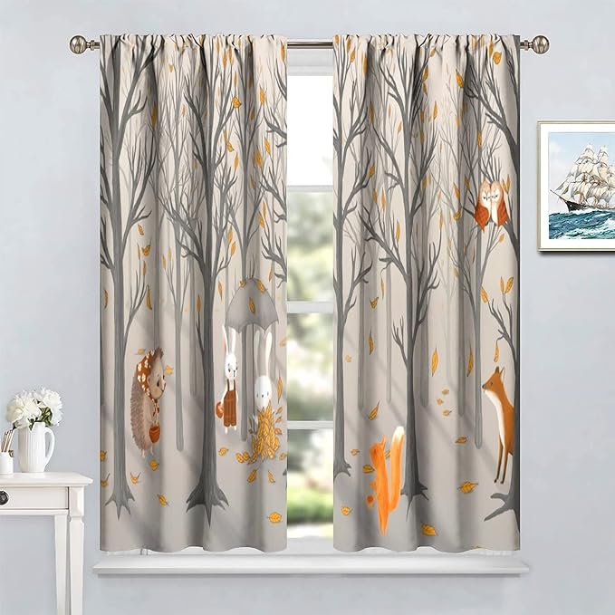 Kids Woodland Animal Window Curtains, Autumn Forest Hedgehog Rabbits Squirrel Fox Birds Blackout Rod Pocket Treatments Drapes for Boys Girls Bedroom 42x54in