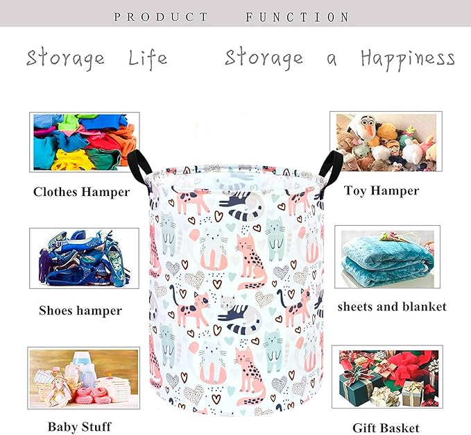 KUNRO Round Cat Laundry Gift Basket Storage Hamper, Kids Toys and Clothes Storage Organizer Bins, Toy Shelf Basket with Handles for Room Decor