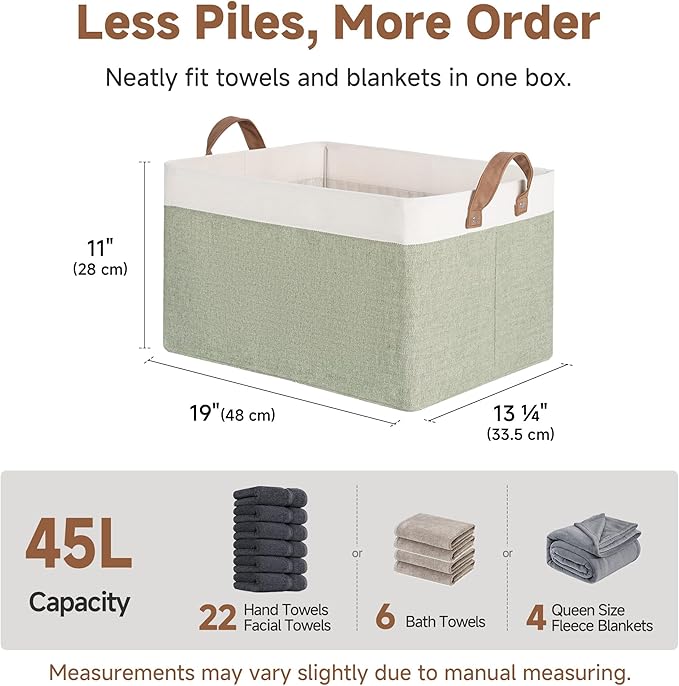 StorageWorks Storage Bins, Fabric Storage Bins for Shelves, Extra Large Storage Baskets with Metal Frame, Closet Baskets and Bins with Handles, Jumbo, Green and White, 2-Pack