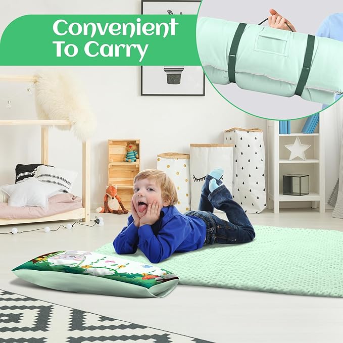Toddler Nap Mat Kids Sleeping Bag 59‘’×24‘’, Soft Slumber Bag with Removable Pillow for Kids Girls Boys,Roll Up Sleeping Mat Lightweight for Camping,Daycare, Kindergarden