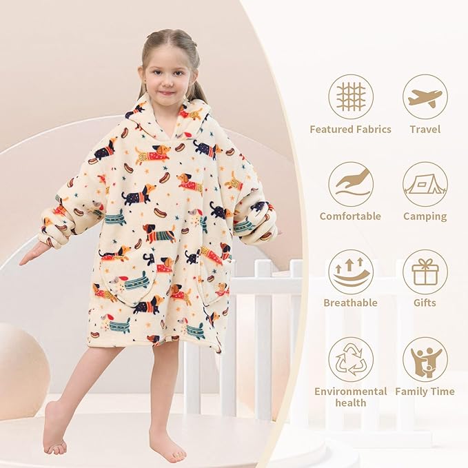 Fiosnow Dachshund Blanket Hoodies for Kids Toddler 2-6YR Oversize Wearable Blanket Hoodies for Boys Girls Teens