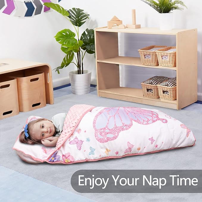 Primlect Thickened Toddler Nap Mat with Removable Pillow and Minky Blanket, Extra Large 55''x35'' Sleeping Bag, Washable, Roll up, Perfect for Daycare, Preschool, Kindergarten, Girls Butterfly