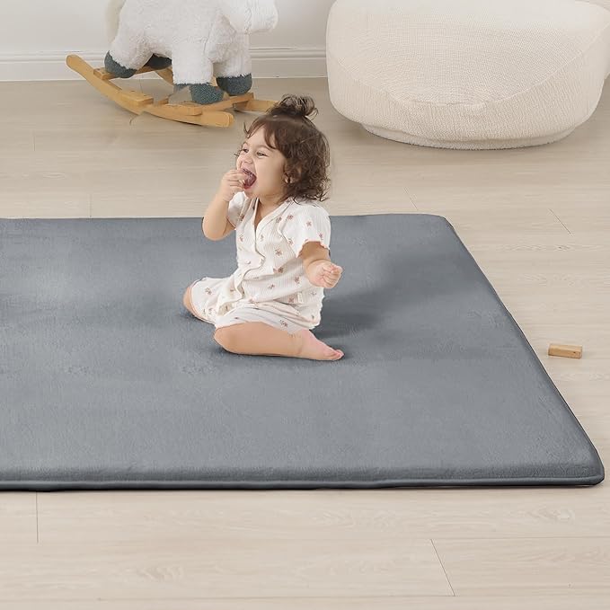 1.3" Thick Baby Bedside Floor Mat for Bedroom, Basic Padded Foam Soft Plush 28x72 Runner Rug with Non Slip Cushioned for Nursery Playroom (Dark Grey)