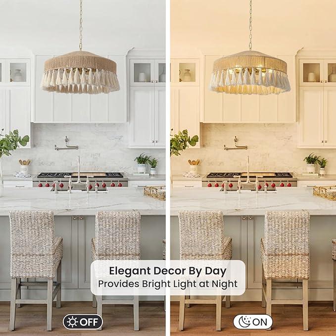 Rattan Pendant Light 19.5in 6 Lights Boho Large Chandelier Wabi-Sabi Pendant Light with Fringe Tassle Chandelier Lighting Fixtures for Living Dining Room Kitchen Bedroom Nursery Girls Room