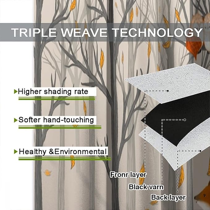 Kids Woodland Animal Window Curtains, Autumn Forest Hedgehog Rabbits Squirrel Fox Birds Blackout Rod Pocket Treatments Drapes for Boys Girls Bedroom 42x54in