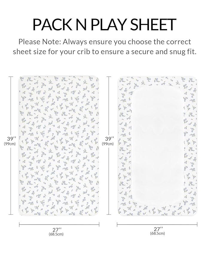 Pack and Play Sheets for Baby Boy and Girl 2 Pack, Neutral Muslin Cotton Pack N Play Mattresses Sheet 27"x39", Muslin Nursery Bedding Soft and Breathable Comfort (Bluebell Bloom & Light Blue)