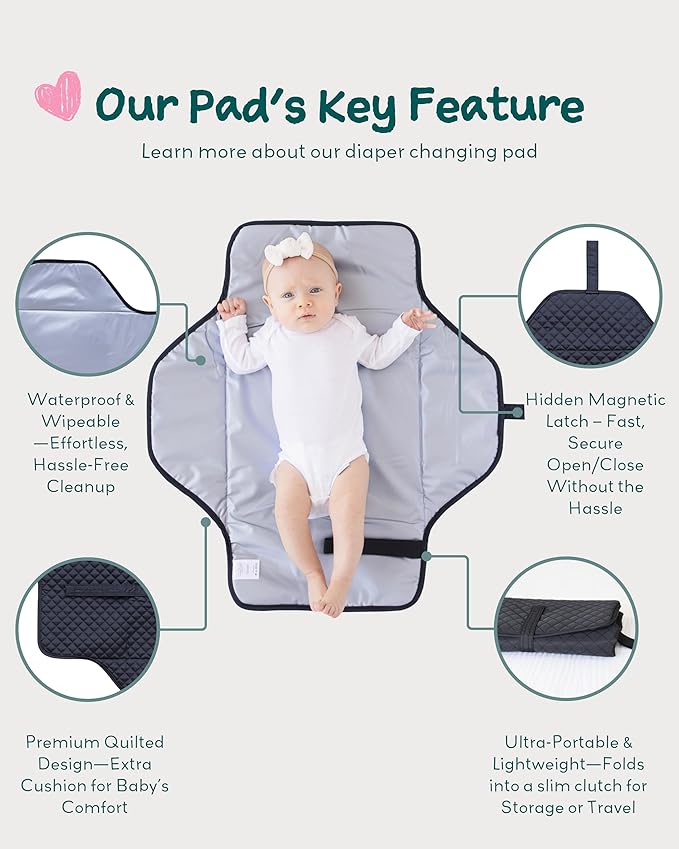 Lily Miles Baby Changing Pad Portable, Diaper Changing Mat with Magnetic Latches, Waterproof Travel Pad for Diaper Bag, Newborn Essentials, Gift for Baby Shower and Registry (Black Twill, Large)