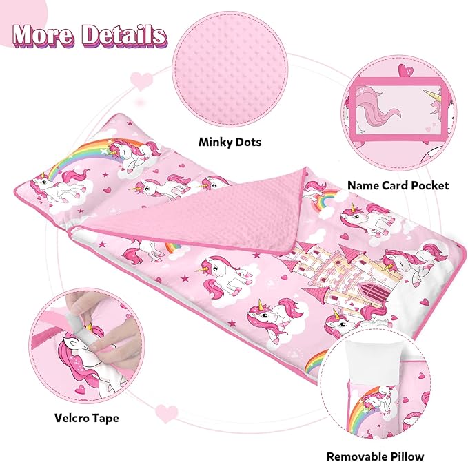 Toddler Nap Mat Kids Sleeping Bag 59"×24", Soft Slumber Bag with Removable Pillow and Blanket for Kids Girls Boys,Roll Up Sleeping Mat Thick for Camping,Daycare, Kindergarden