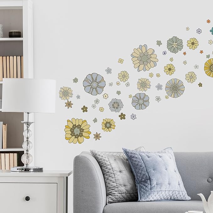 Boho Retro Flower Wall Decal - Retro Floral Decor Stickers,Peel and Stick Bohemian Style Flowers Decals for Kids Bedroom Nursery Playroom Living Room and Bedroom Wall Decorations