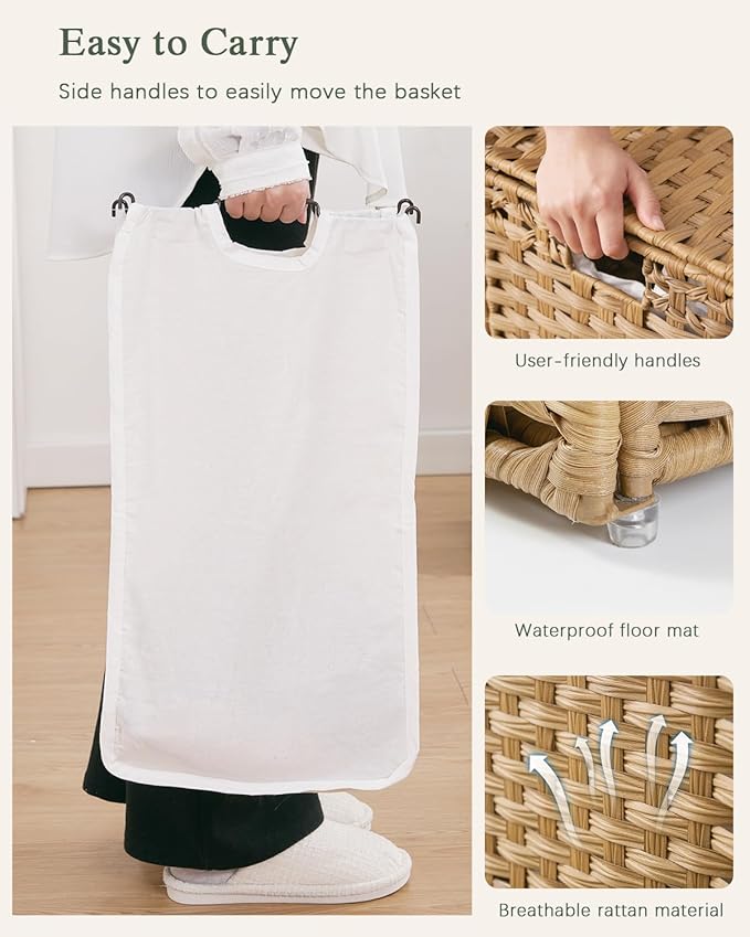 Laundry Hamper with Lid Laundry Basket 132 L (35 Gal) Wicker Clothes Hamper, Handwoven Rattan Hamper with Handles and 4 Removable Liner Bags, 6 Mesh Bags for Laundry Bedroom Natural