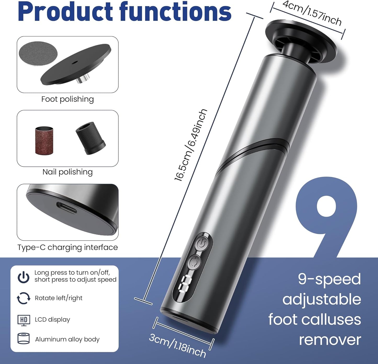 Electric Foot Callus Remover,2 in1 Rechargeable Callus Remover for Feet,9-Speed Wireless Electric Foot File Nail Grinder,Foot Scrubber Pedicure Tools for Dead Skin Dry Cracked Feet (Black Fold)