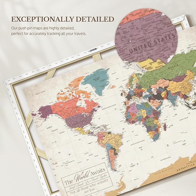 ElephantStock - Personalized World Awaits II Push Pin World Map Wall Art - Horizontal Canvas Wall Art - Living Room Wall Decor - Digital Art Map Canvas Art - Green And Beige Decor - 36" x 24"