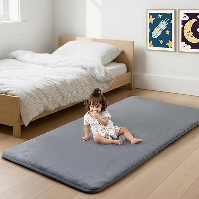 1.3" Thick Baby Bedside Floor Mat for Bedroom, Basic Padded Foam Soft Plush 28x72 Runner Rug with Non Slip Cushioned for Nursery Playroom (Dark Grey)