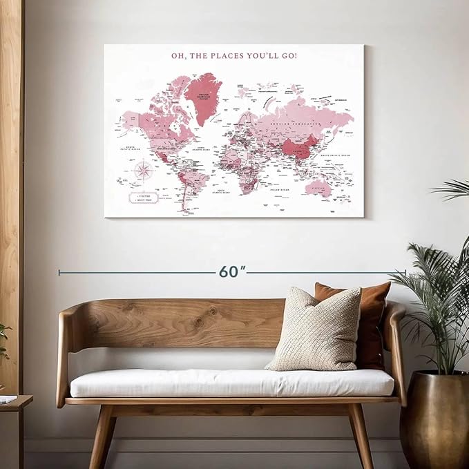 ElephantStock - Places You'll Go Push Pin World Map Wall Art - Horizontal Canvas Wall Art - Living Room Wall Decor - Digital Art Map Canvas Art - White And Pink Decor - 45" x 30"