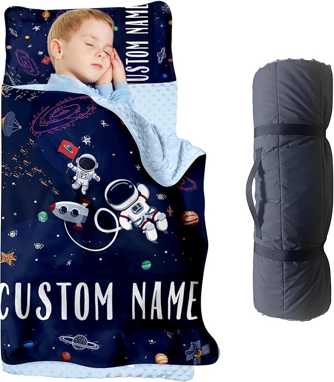 Personalized Toddler Nap Mats for Preschool, Custom Name Kids Sleeping Bag for Daycare, Roll Up Sleeping Mat with Removable Pillow and Soft Dot Minky Blanke for Boys Camping Travel