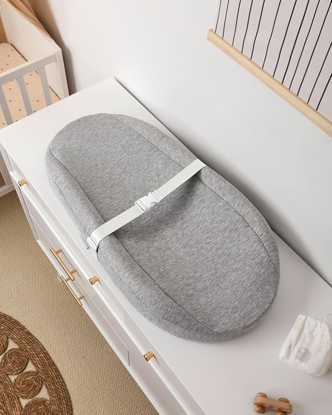 Blissful Diary Baby Changing Pad with Waterproof Lining Foam, Includes a Soft & Washable Cover, Contoured Changing Table Pads for Dresser Top with Non-Slip Bottom, 32”×16” (Grey, Avocado)