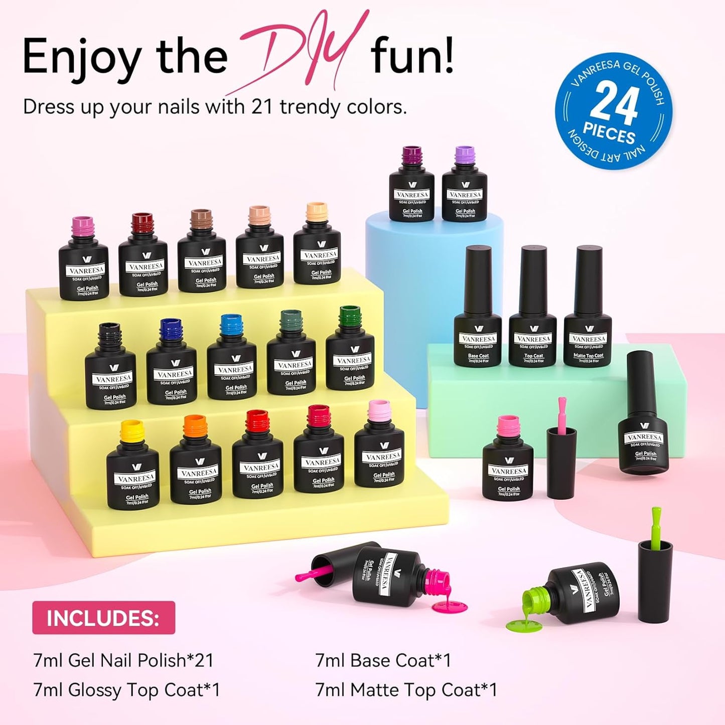 VANREESA 24 Pcs Gel Nail Polish Set, 21 Colors Gel Polish with Base Coat Glossy & Matte Top Coat Pink Red Orange Yellow Green Blue Purple brown Gel Polish Kit Nail Kit Gifts for Women