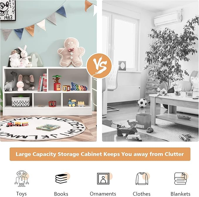 Costzon Toy Storage Organizer for Kids, 5-Section School Classroom Storage for Organizing Books Toys, Wooden Kids Bookshelf Daycare Furniture for Preschool, Playroom, Nursery, Kindergarten (White)