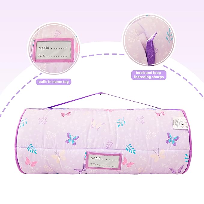 Viviland Toddler Kid Nap Mat for Preschool, Girls Purple Butterfly Slumber Bag, Daycare Sleeping Bag with Pillow and Blanket, Kindergarten Sleep Mat