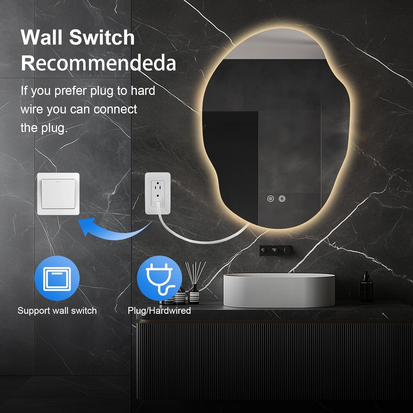Irregular LED Bathroom Mirror with Lights,Asymmetrical Led Bathroom Vanity Mirror for Wall with Front and Backlit, Anti Fog, 3 Colors and Dimmable Light,[Horizontal/Vertical] 30" H x 22" W