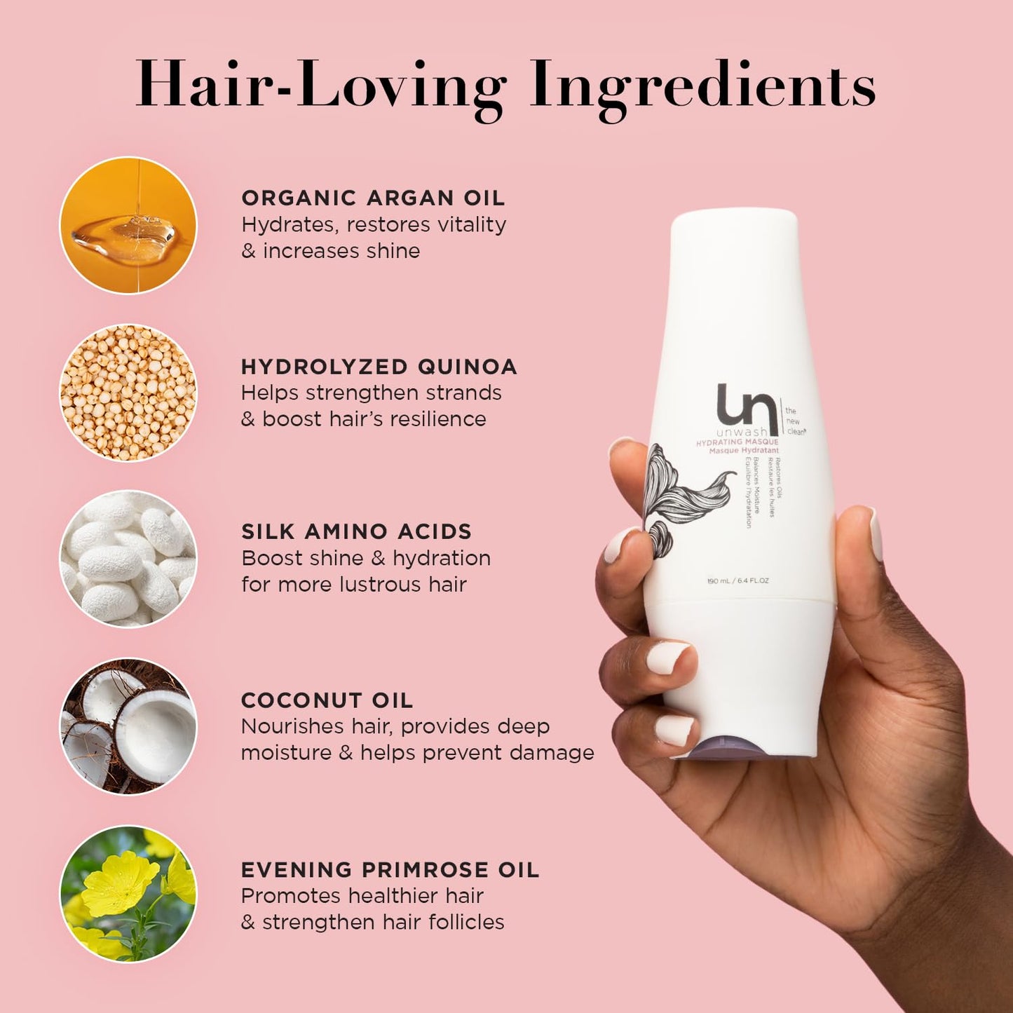 unwash Hydrating Hair Masque - Deep Conditioning & Restorative Hair Treatment for Damaged, Dry & Colored Hair, Sulfate & Paraben Free, Made w/Argan and Coconut Oils, 13.5 Fl Oz