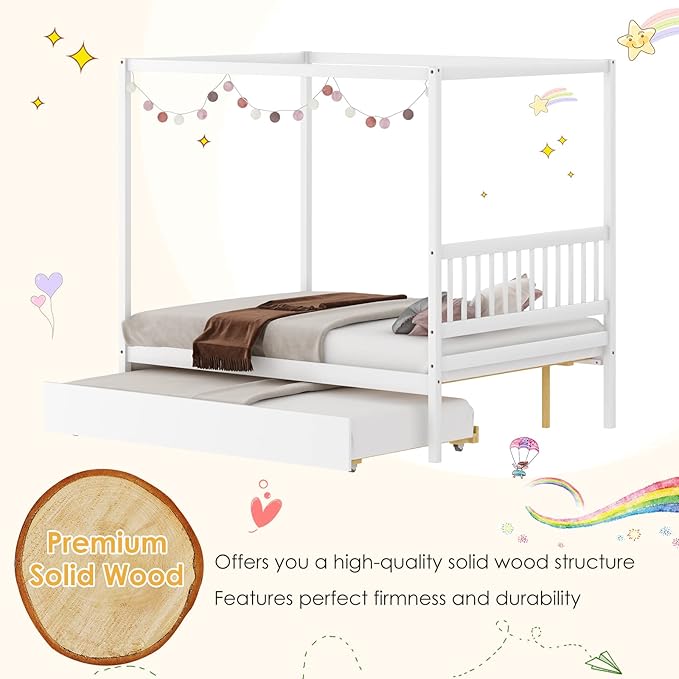 KOMFOTT Full Bed with Trundle, Solid Wood Canopy Bed Frame with Headboard, Modern Space Saving Full Bed with Twin Trundle Bed, No Box Spring Needed, Canopy Bed Frame