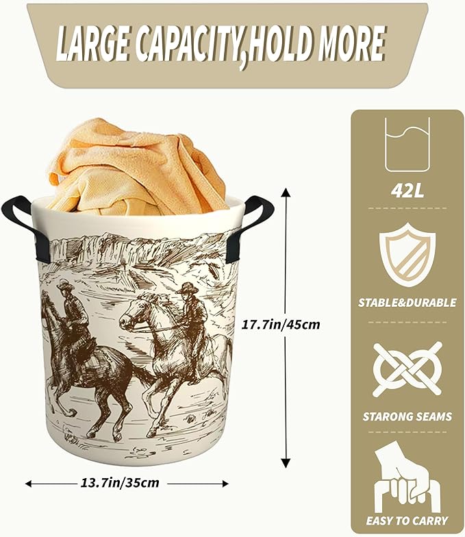 Western Cowboy Laundry Basket Gifts for Boys, Boys' Room Decor Baby Nursery Hamper Western Room Decor 17.7x13.7 Inch