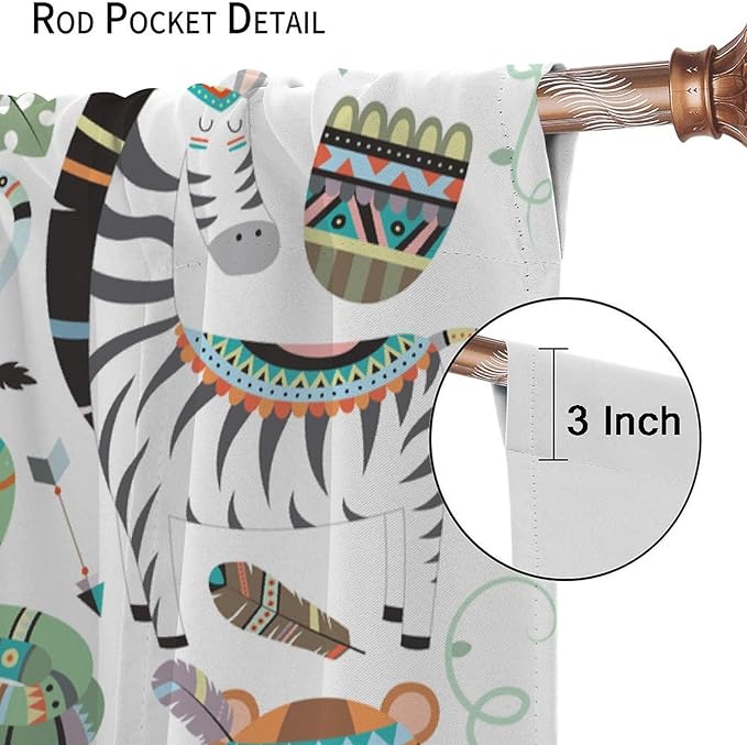 Jungle Tribal Animals Curtains, Southwest Aztec Cartoon Funny Zoo Animals Giraffe Lion Elephant Zebra Tiger Print Thermal Insulation Window Drapes for Kids Boys Girls Bedroom Living Room 63x63in