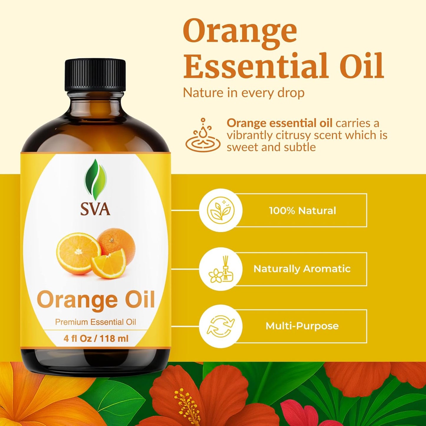 SVA Orange Essential Oil – 4 Fl Oz – 100% Natural Orange Oil - for Diffuser, Hair Care, Face, Skin Care, Aromatherapy, Scalp and Body Massage, Soap and Candle Making - with Dropper