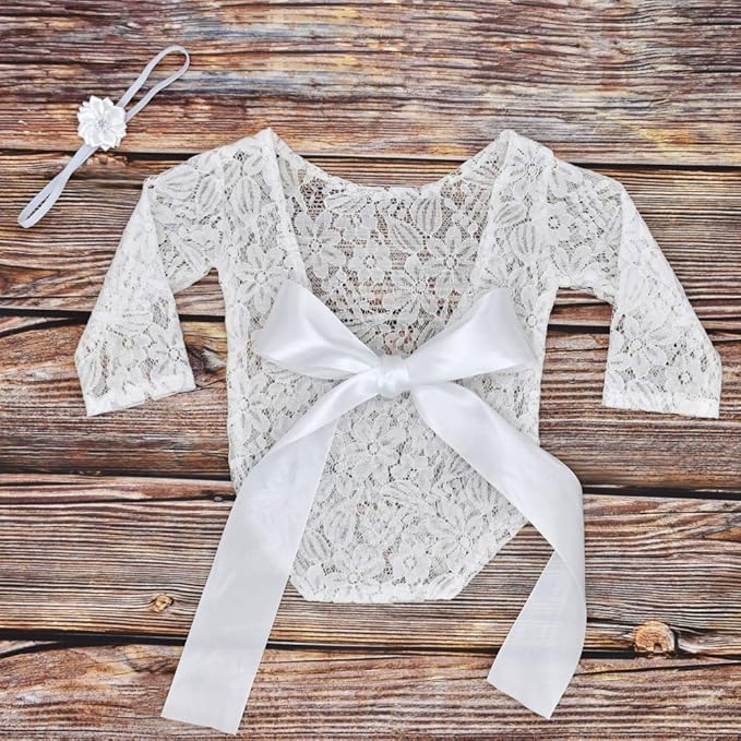 Newborn Girl Photography Outfits, Backless Lace Romper with Flower Headband Photo Props, Baby Girl Photoshoot Outfits