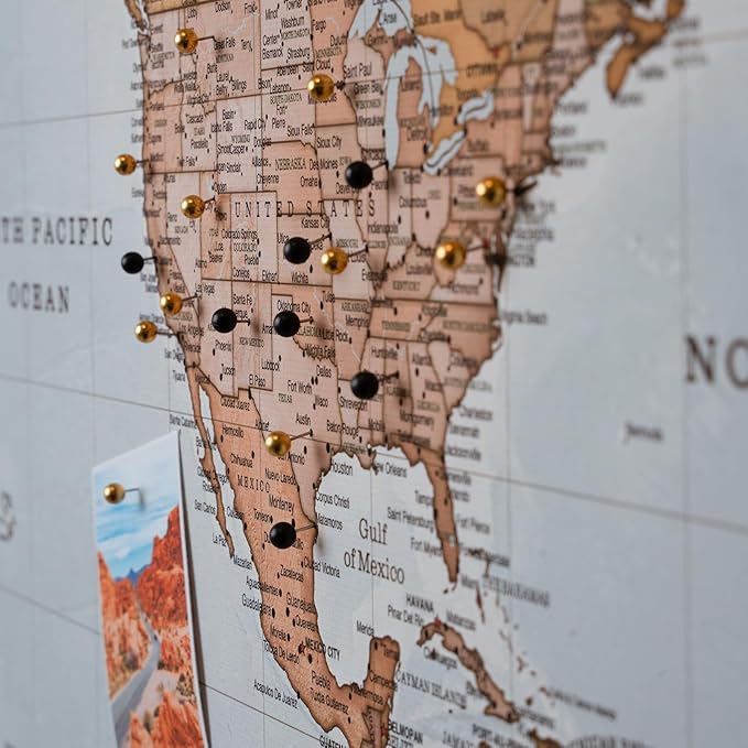 Canvas World Map with Cork Pin Board - English Lettering - Decorative Wall Decoration for All Rooms - Canvas Pictures with World Map Motif (150x100 cm, Pattern 14)