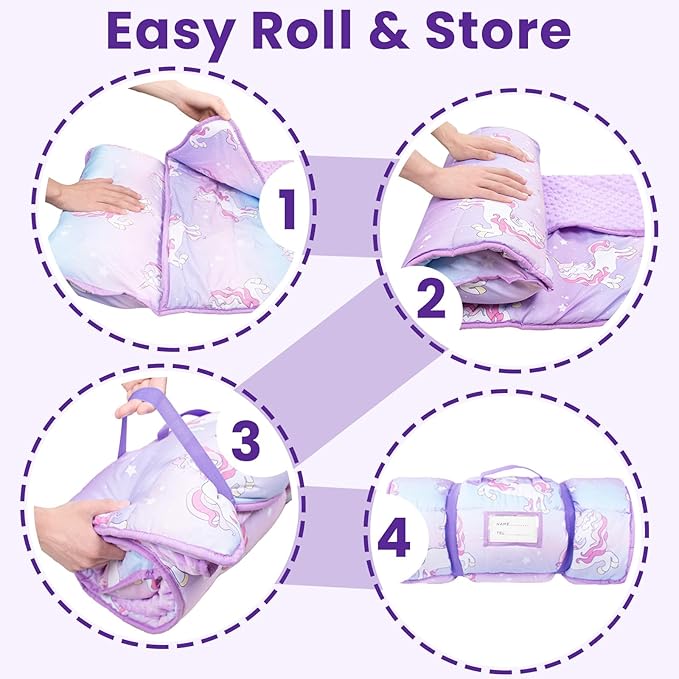 Toddler Nap Mat with Pillow and Minky Blanket, Large 55"x35" Sleeping Bag, Washable, Lightweight, Easy to Roll, Perfect for Preschool, Daycare, Kindergarten, Travel, Boys and Girls
