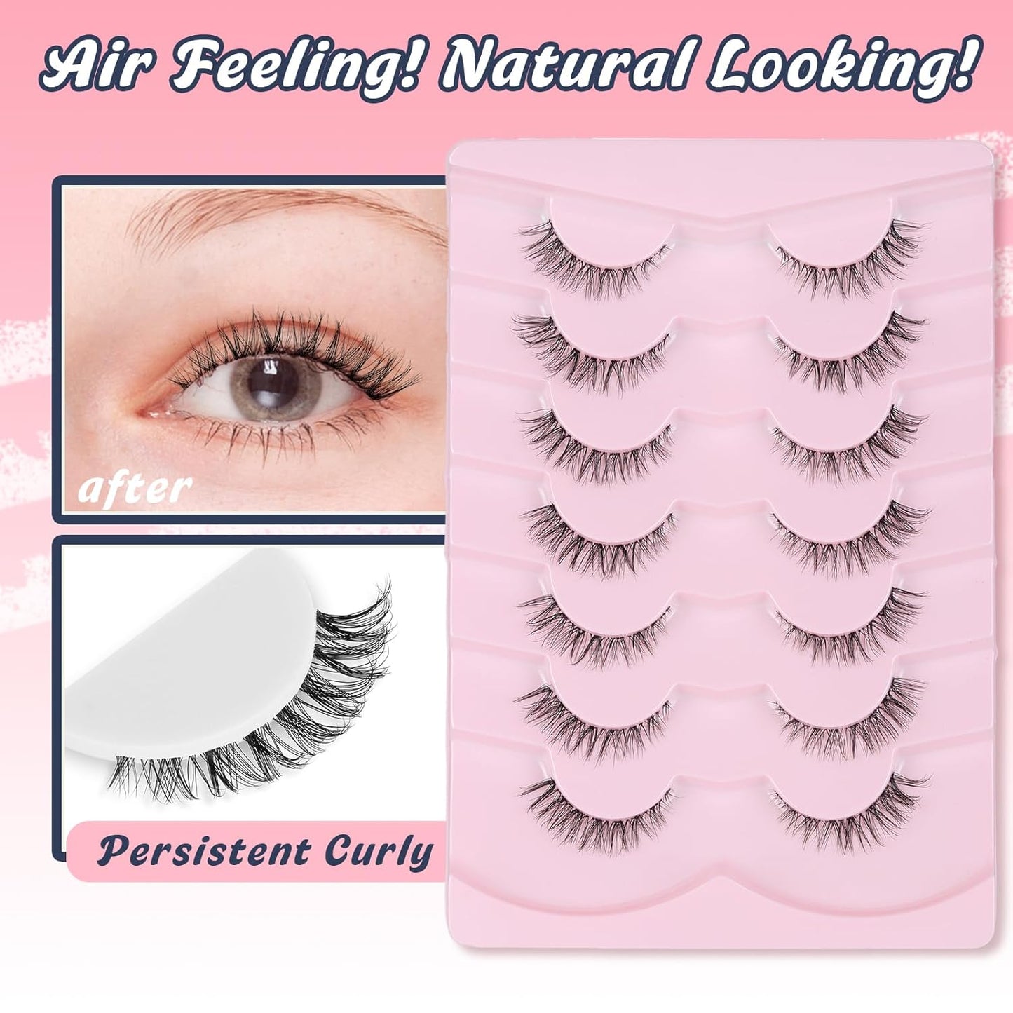 Cat Eyelashes Wispy False Eyelashes Natural 12mm Short Lashes with Thin Band Fake Eyelash 3D Volume Strip Lashes Siligli Eyelash Pack 7 Pair