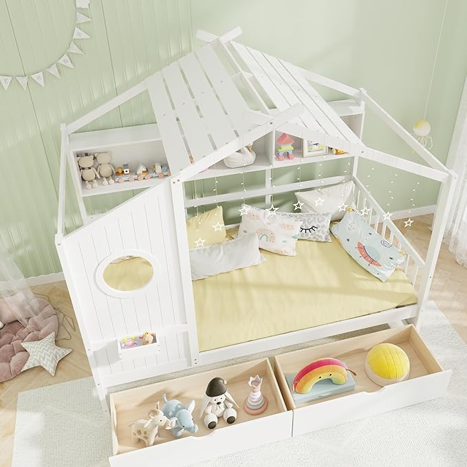 KOMFOTT Twin Size Wood House Bed with 2 Drawers, Wooden Bed Frame with Cube Storage & Fence Rails, Wooden Platform Twin Bed Frame with House-Shaped Roof for Bedroom, No Box Spring Needed (White)