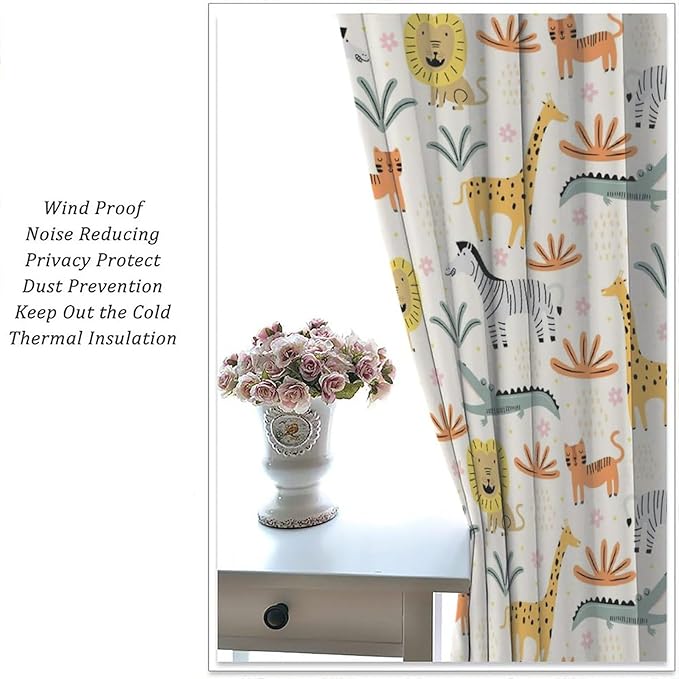 Wild Animals Curtains, Cute Cartoon Animals Zoo with Lion Zebra Crocodile Cat and Giraffe Tropical Jungle Plant Print Window Treatments for Kids Boys Girls Bedroom Living Room 55x63in