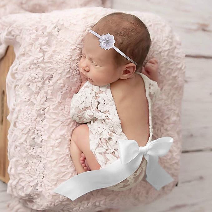 Newborn Girl Photography Outfits, Backless Lace Romper with Flower Headband Photo Props, Baby Girl Photoshoot Outfits
