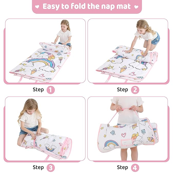 Viviland Toddler Kid Nap Mat for Preschool, White Unicorn Slumber Bag, Daycare Sleeping Bag with Pillow and Blanket, Kindergarten Sleep Mat