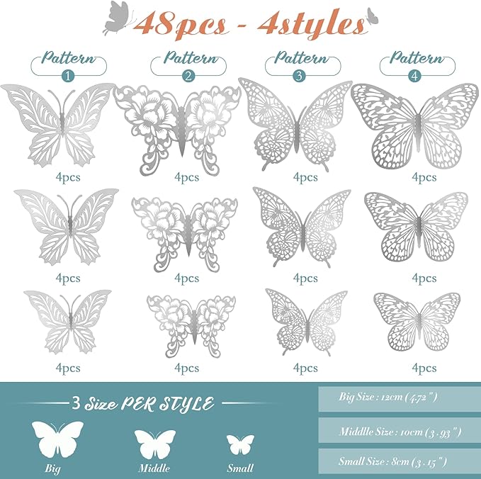3D Silver Butterfly Wall Decor 3 Sizes 4 Styles Butterfly Party Decorations Cake Decorations Removable Stickers Wall Decor Room Mural Metallic Kids (Silver, 48Pcs)