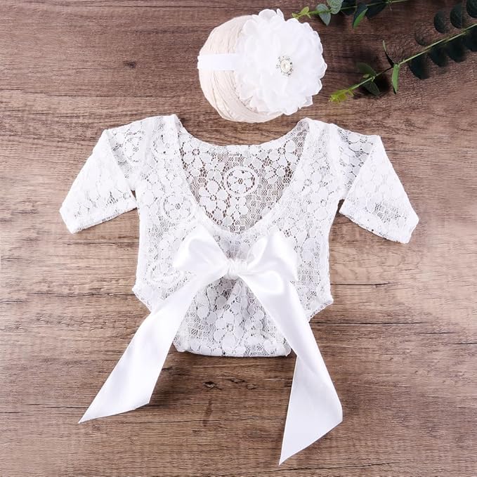 Newborn Girl Photography Outfits, Backless Lace Romper with Flower Headband Photo Props, Baby Girl Photoshoot Outfits