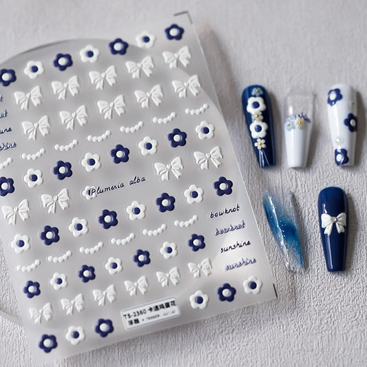 Flower Nail Stickers 5D Embossed Nail Art Stickers Decals Bows Plumeria Floral Nail Design Stickers for Women Girls Self-Adhesive Nail Art Decoration(1, Plumeria)