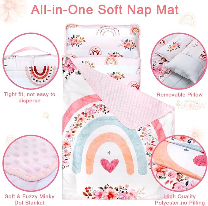 Toddler Nap Mat with Removable Pillow and Soft Dot Minky Blanket Pea Pod Kids Rainbow Floral Napping Mats Extra Large Rolled Slumber Bags for Girls Preschool, Daycare, 22.9 x 51.2inches Ages 3-7 Years