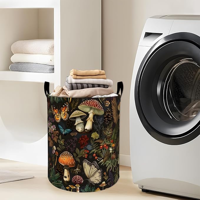 Enchanted Mushroom with Butterfly Laundry Basket with Handles, 19.7"x15.7" Clothes Foldable Laundry Hamper Organizer for Dorm Nursery Bedroom Bathroom Decor, Toy Storage Bin for Kids