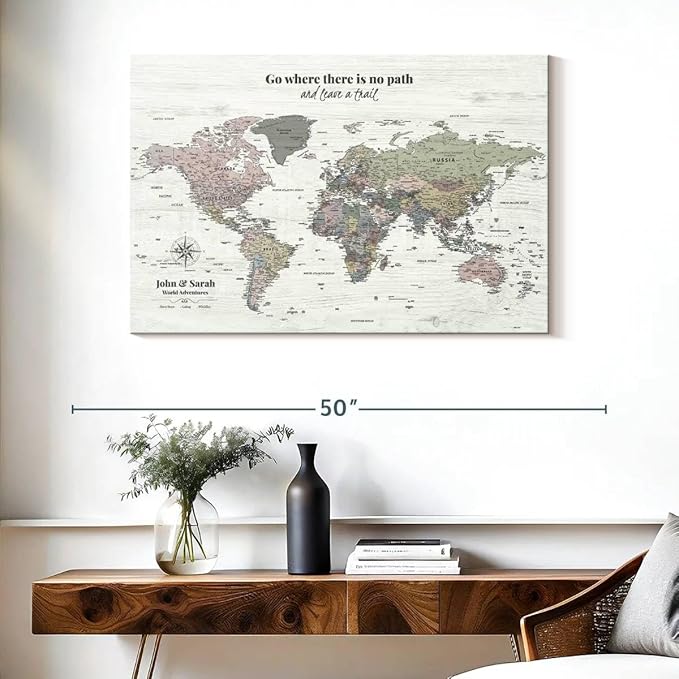 ElephantStock - Personalized Leave A Trail Iii Push Pin World Map Wall Art - Horizontal Canvas Wall Art - Living Room Wall Decor - Digital Art Map Canvas Art - White And Gray Decor - 39" x 26"