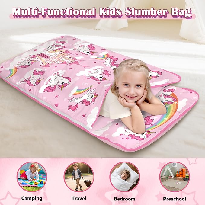 Toddler Nap Mat Kids Sleeping Bag 59"×24", Soft Slumber Bag with Removable Pillow and Blanket for Kids Girls Boys,Roll Up Sleeping Mat Thick for Camping,Daycare, Kindergarden