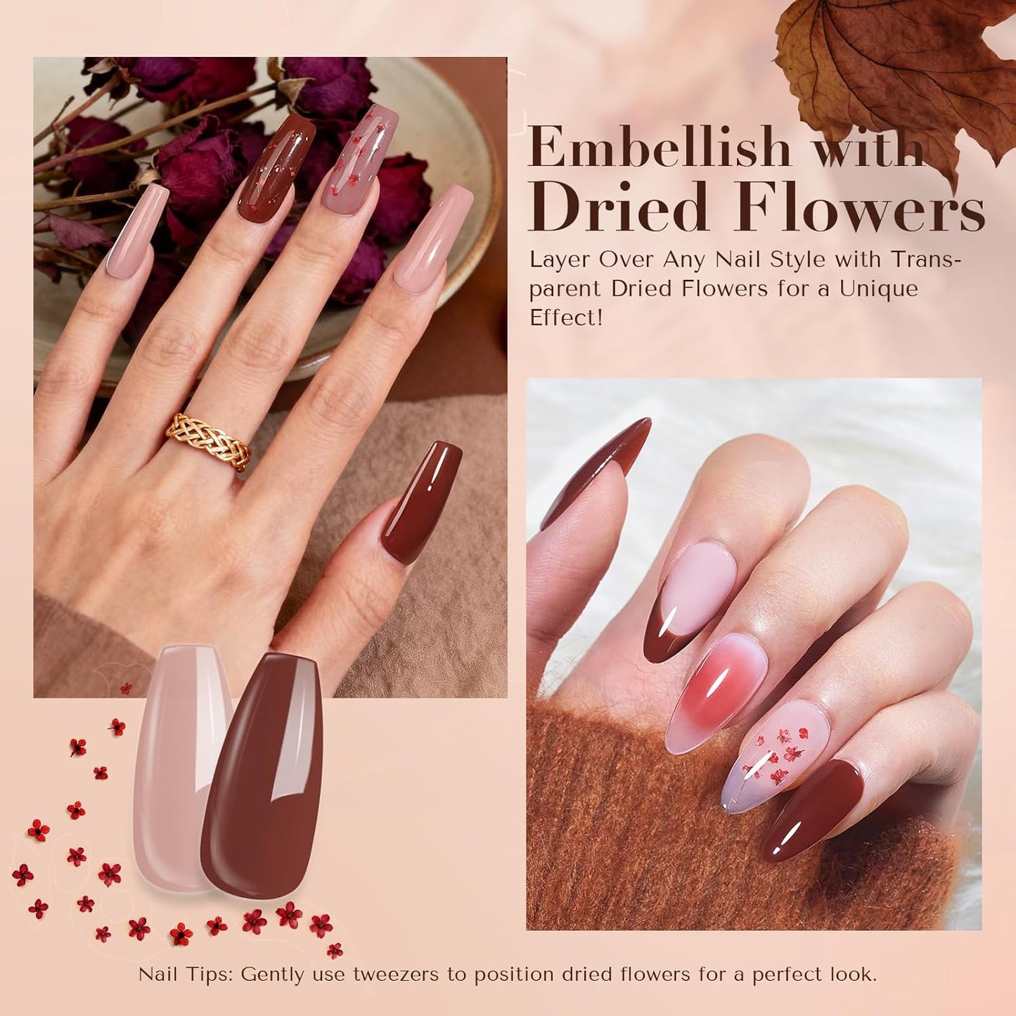 AZUREBEAUTY Dip Powder Nail Kit, 4 Colors Nude Brown with Dried Flower Set, Fall Winter Natural Dipping Powder Starter Liquid Set Recycling Tray with Base & Top Coat Activator ﻿