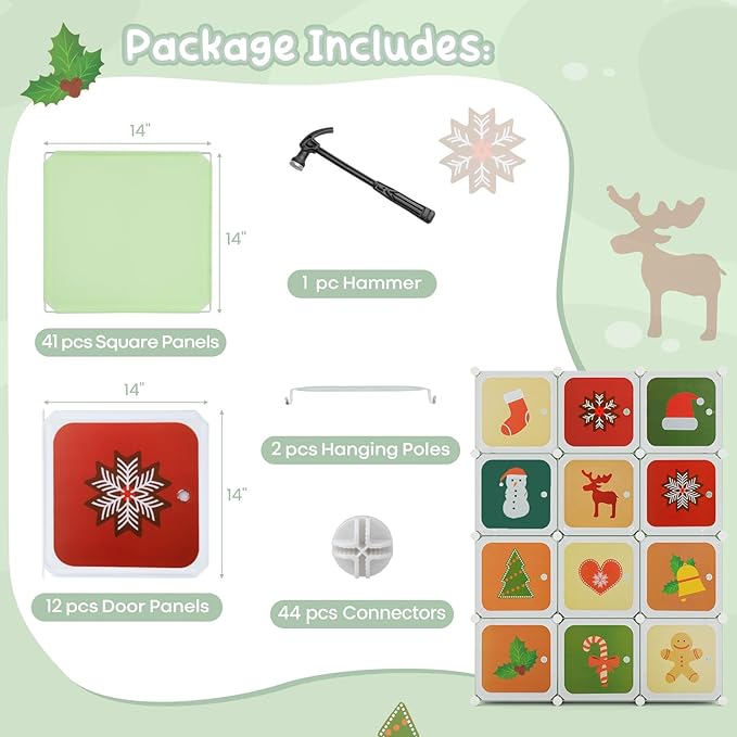 Costzon Kids Closet, Cartoon DIY Modular Dresser Storage Organizer with 12 Cubes & 2 Clothes Hanging Rack, Portable Armoire for Baby Toddlers, Kids Wardrobe for Bedroom Nursery