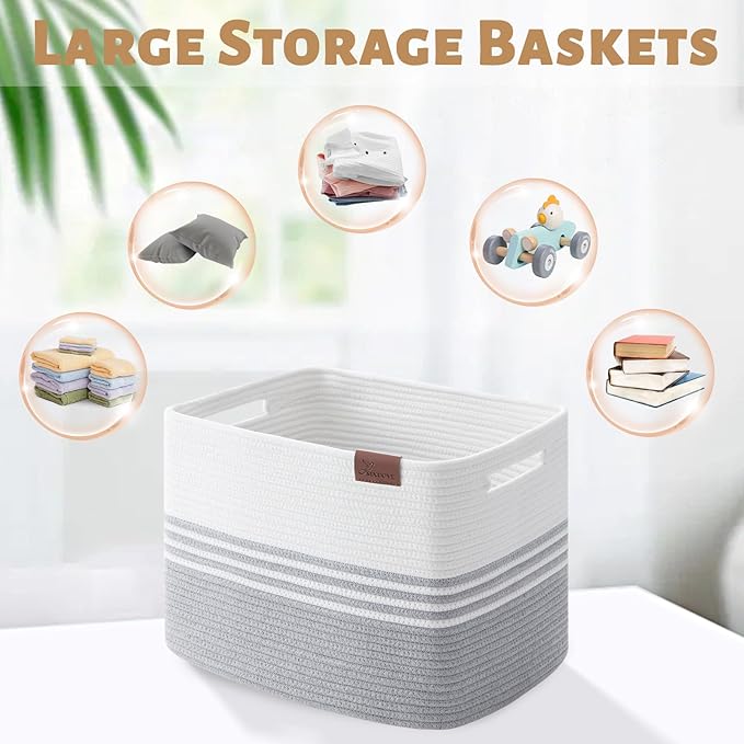 Storage Baskets, 42L*2 Pack Storage Baskets for Organizing, Laundry Basket for Closet, Cotton Rope Blanket Basket for Storage, Toy Storage Basket for Living Room, Laundry Room, Bedroom-Grey
