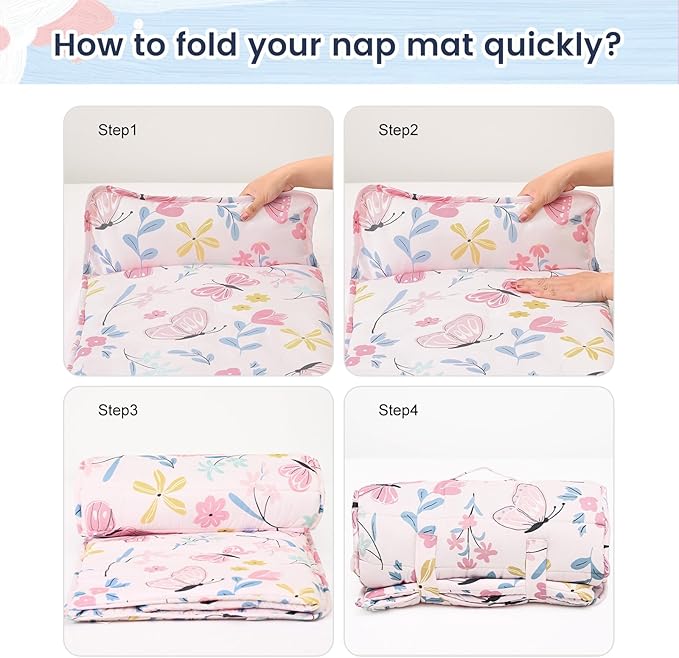 PHF Butterfly Toddler Nap Mat Set, with Removable Pillow for Toddler Girls, Soft and Lightweight for Daycare, Preschool, Travel, Kindergarten Sleeping Bag, Fits Ages 3-6 Years, Butterfly